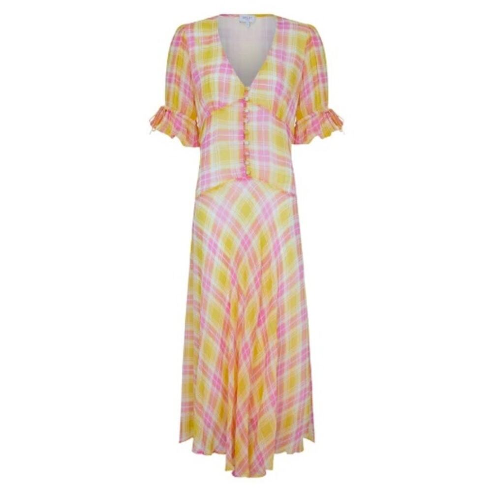 Ghost London Luella Pink Yellow Plaid Puff Sleeve Maxi Dress S Cottagecore